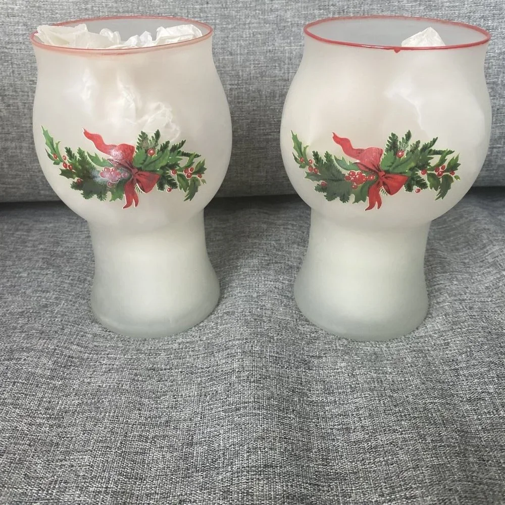 Pfaltzgraff Christmas Heritage Frosted Glass Floating Candle Holder Pair 2000